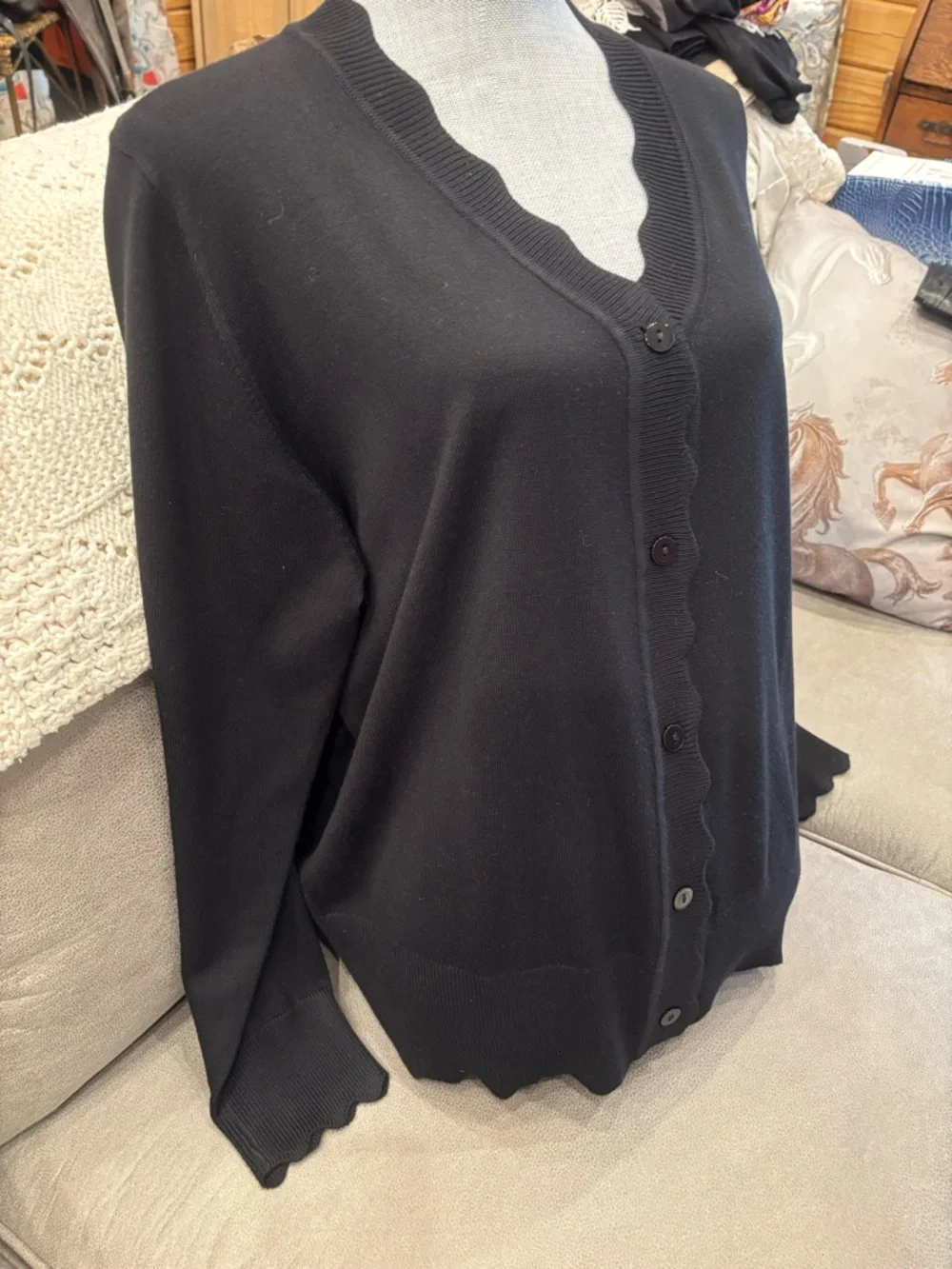 Black Scallop-Edge V-Neck Button Cardigan - Women's Sweater - Picture 2 of 6